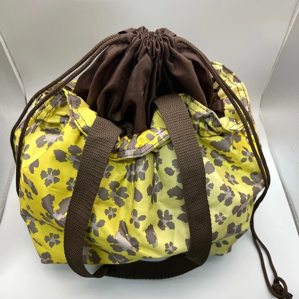 Thirty-One Thermal Drawstring Lunch Bag‎ Yellow Brown Floral Leopard Print Tote